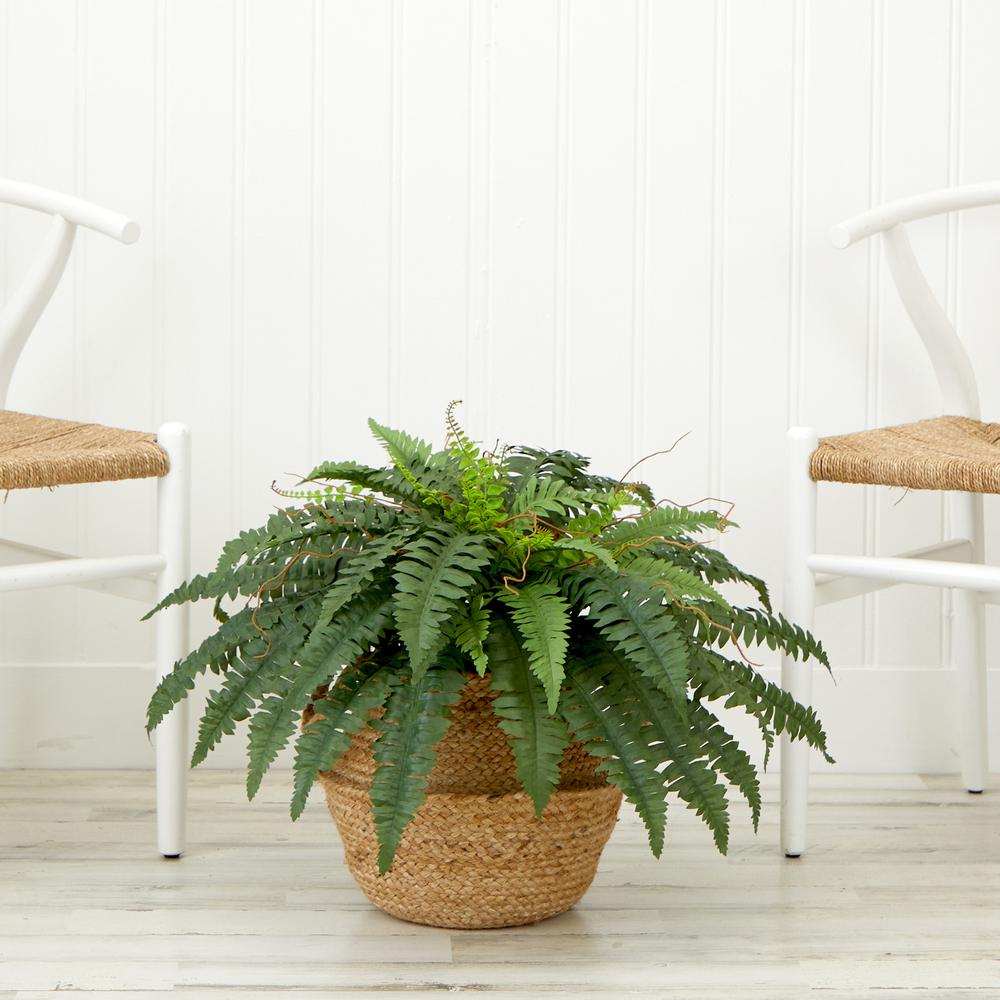 23in. Artificial Boston Fern Plant with Handmade Jute & Cotton Basket DIY KIT. Picture 4