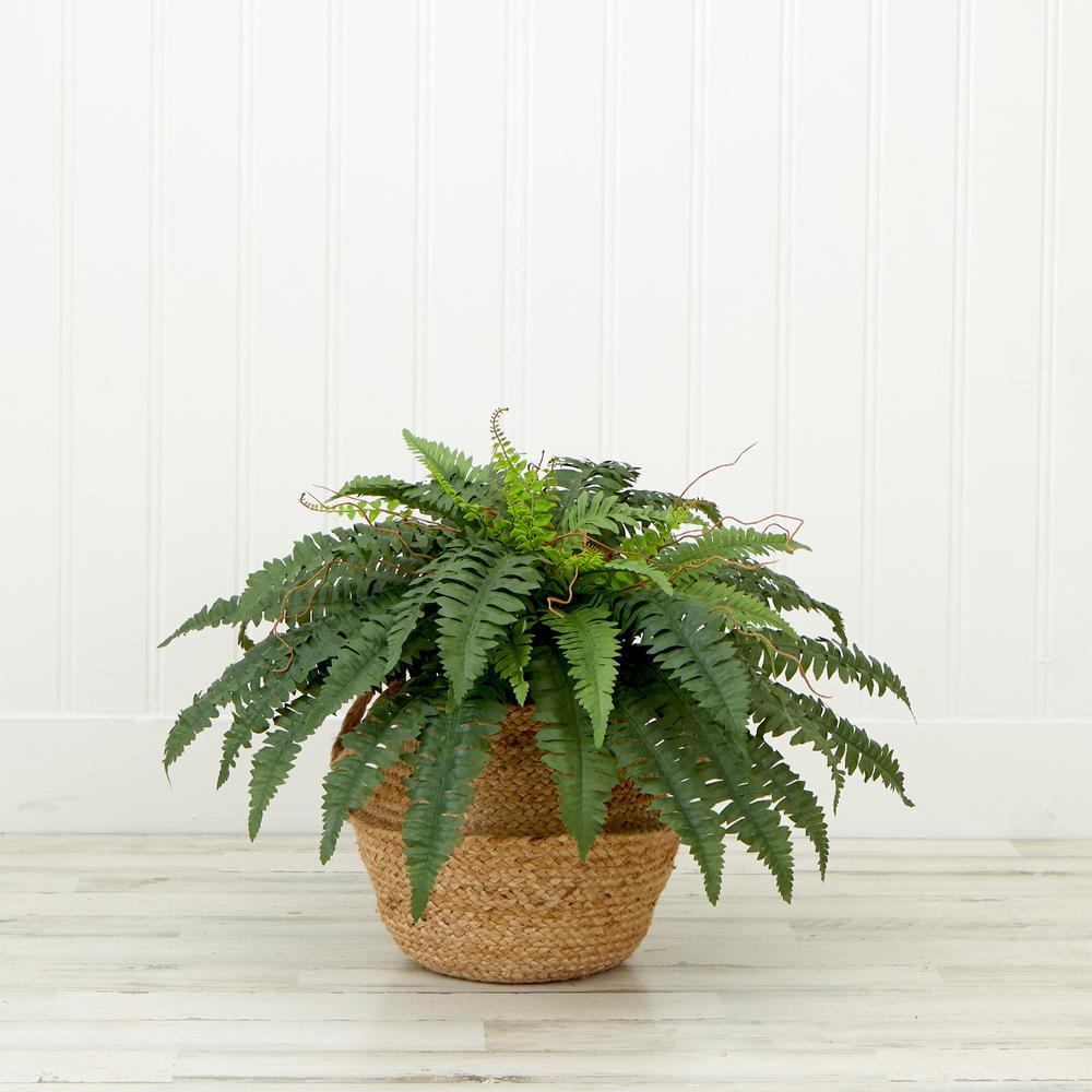 23in. Artificial Boston Fern Plant with Handmade Jute & Cotton Basket DIY KIT. Picture 3