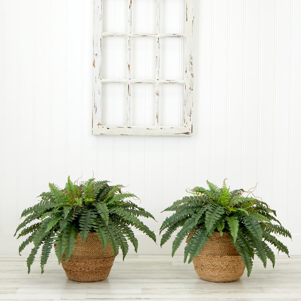 23in. Artificial Boston Fern Plant with Handmade Jute & Cotton Basket DIY KIT. Picture 7