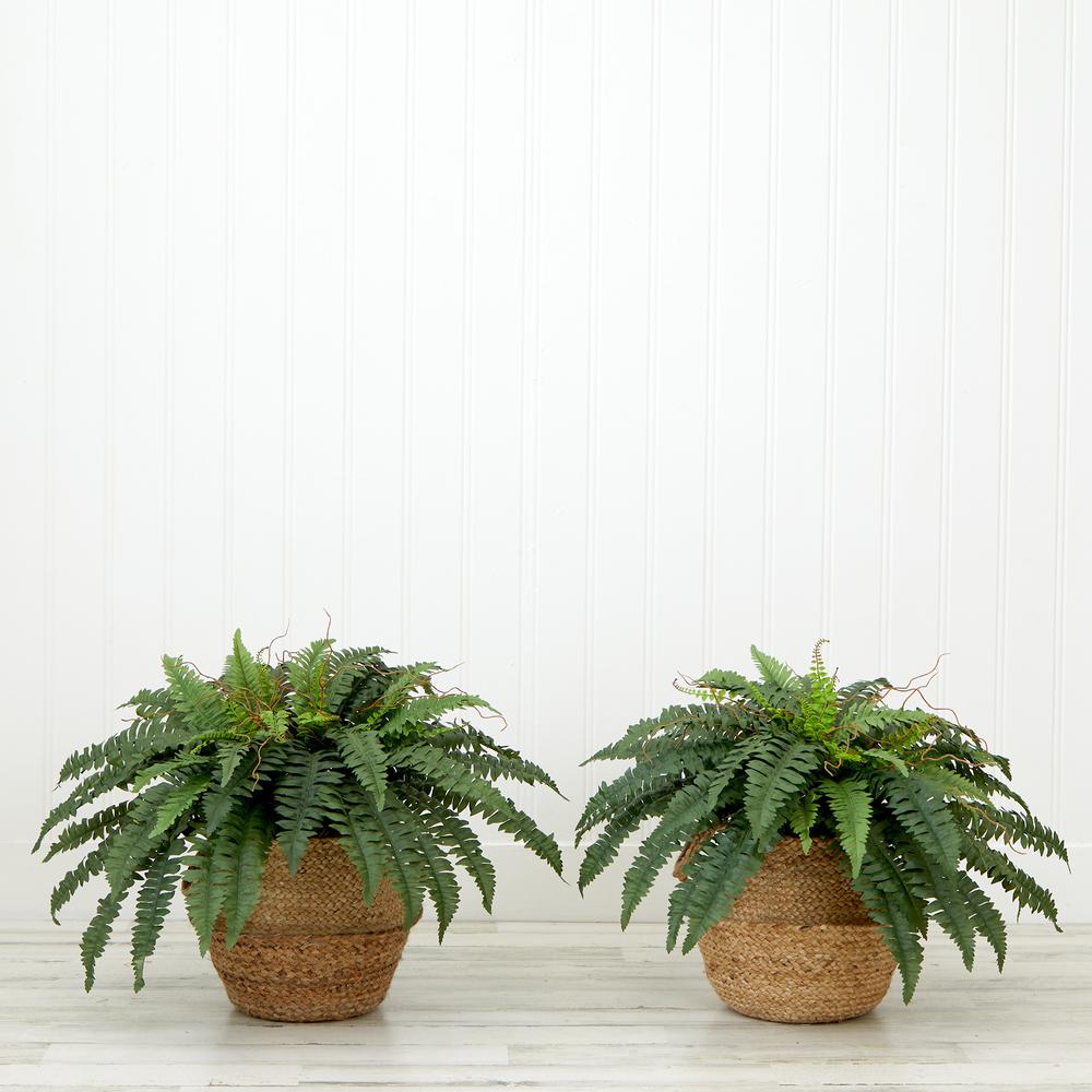 23in. Artificial Boston Fern Plant with Handmade Jute & Cotton Basket DIY KIT. Picture 6