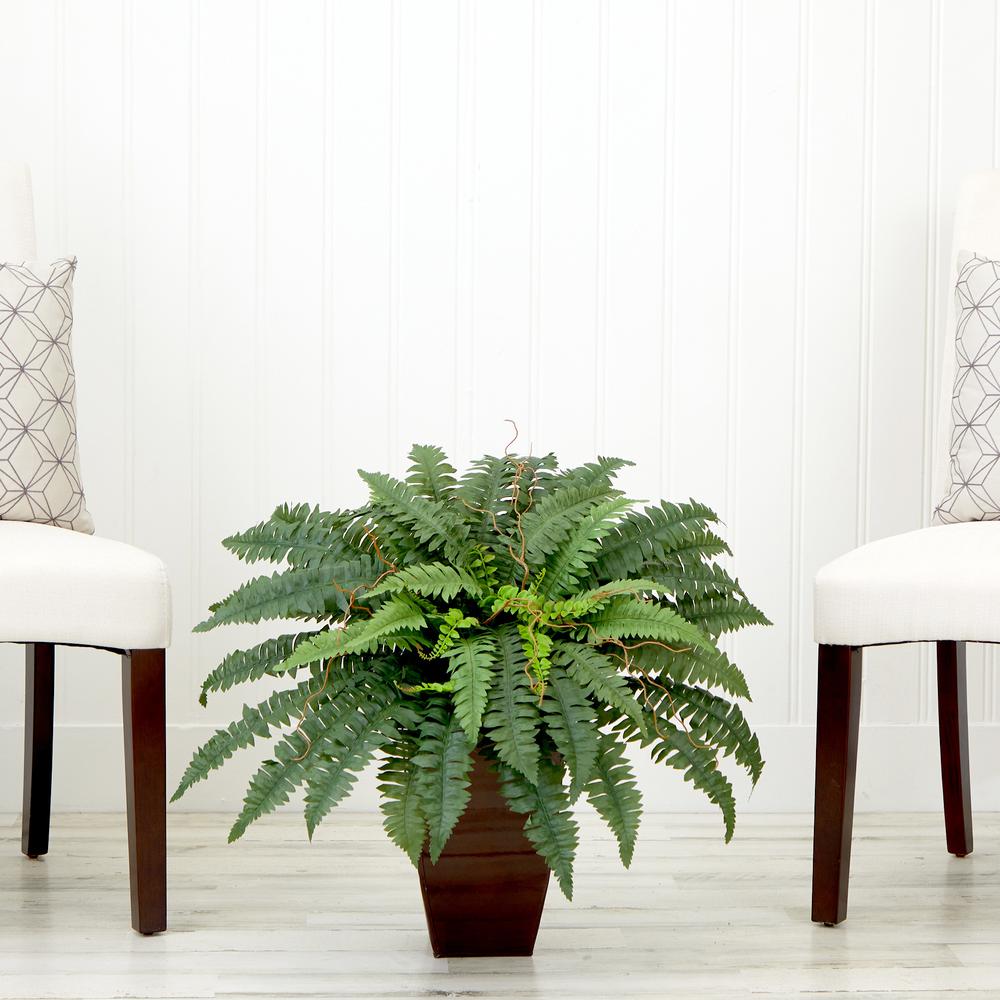 23in. Artificial Boston Fern Plant with Tapered Bronze Square Metal Planter. Picture 4