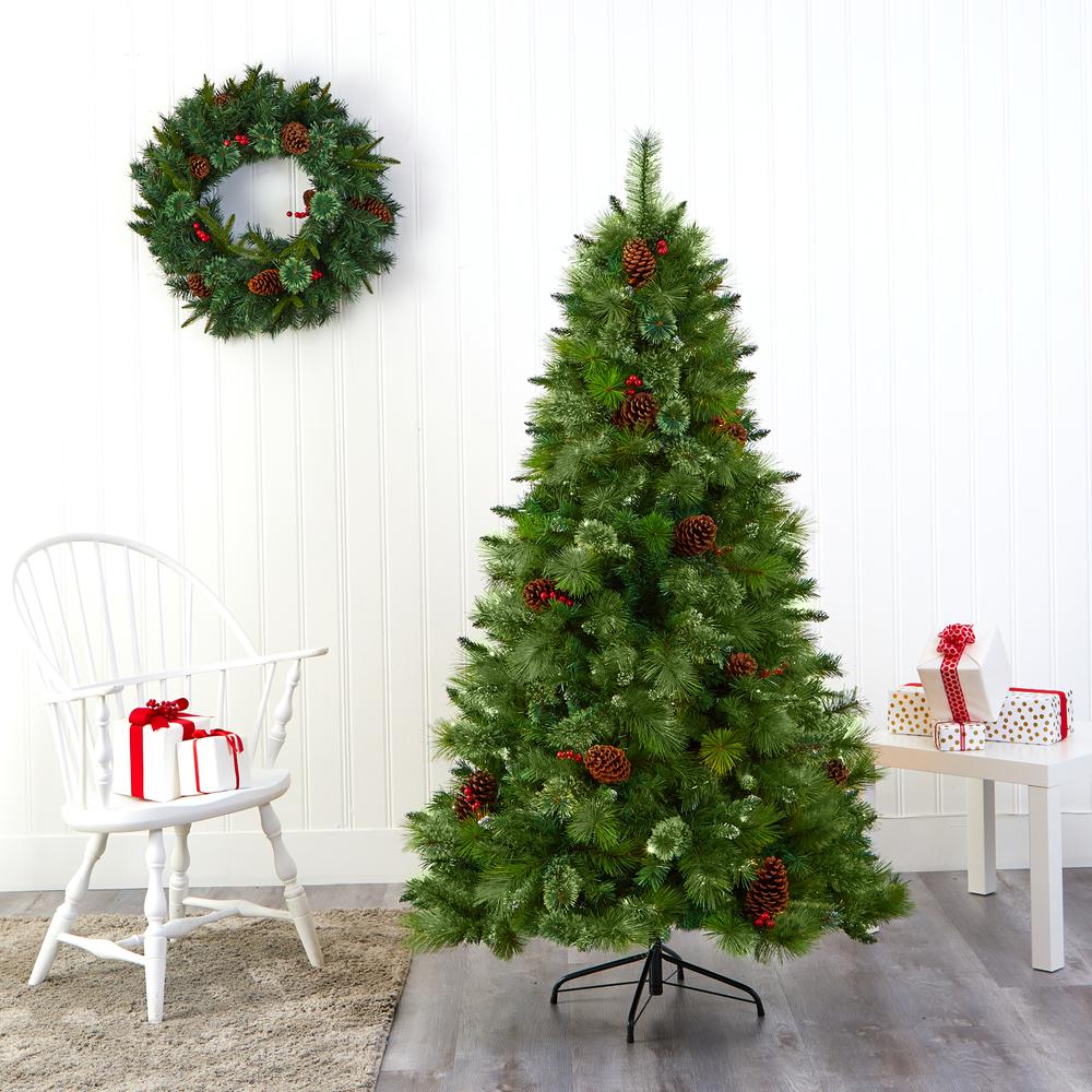 6ft. Montana Mixed Pine Artificial Christmas Tree with Pine Cones, Berries. Picture 5