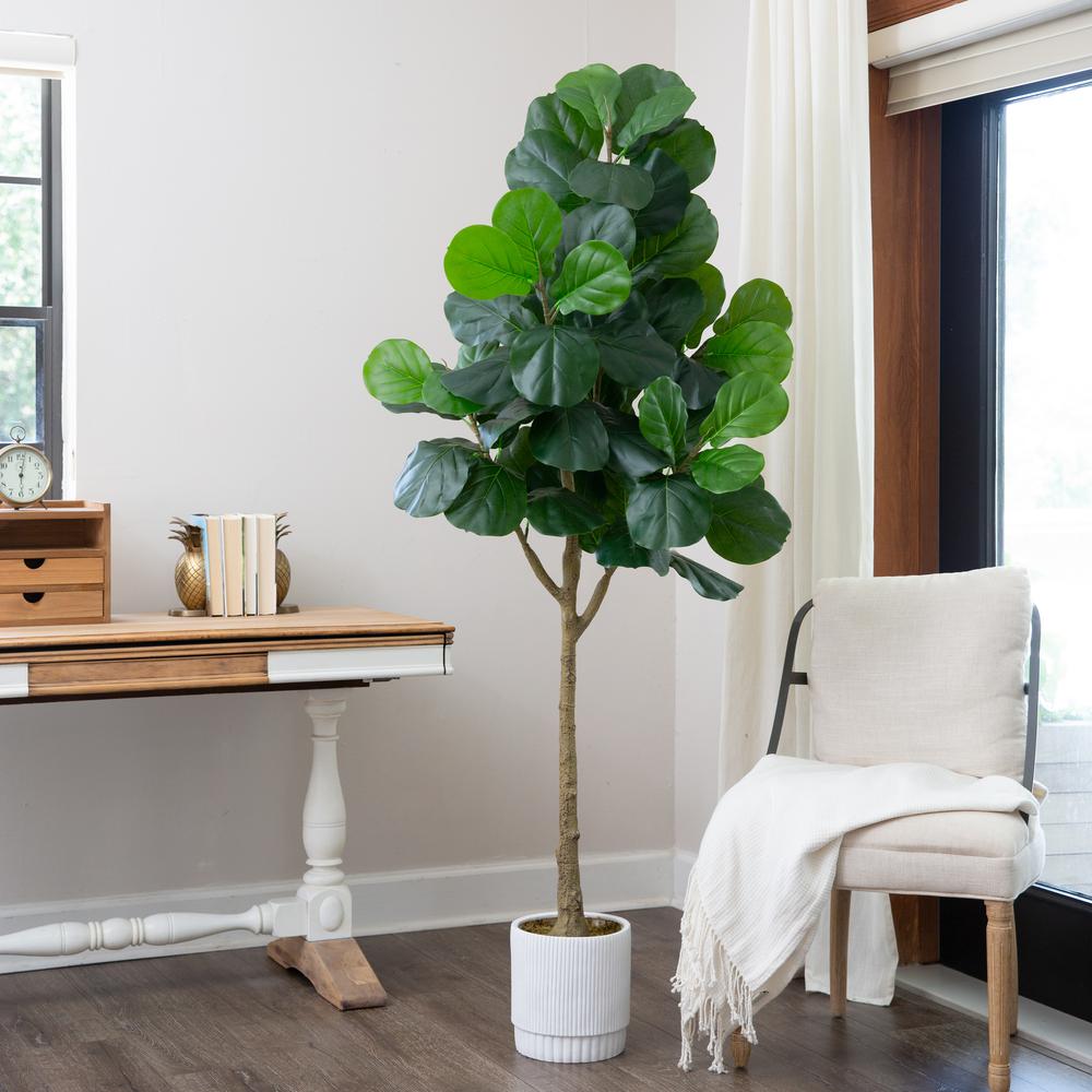6ft. Artificial Fiddle Leaf Fig Tree with White Decorative Planter. Picture 6