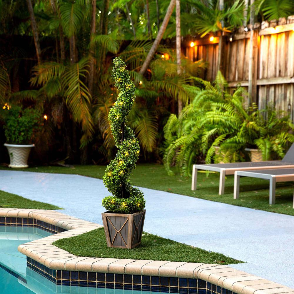 Boxwood Spiral Topiary Tree with LED Lights in Decorative Planter. Picture 9