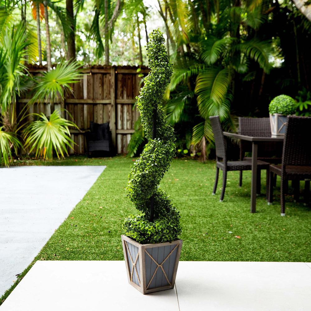 Boxwood Spiral Topiary Tree with LED Lights in Decorative Planter. Picture 5