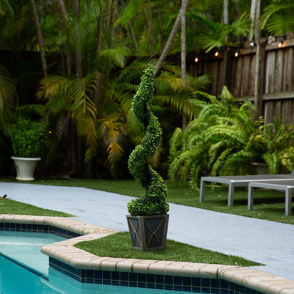 Boxwood Spiral Topiary Tree with LED Lights in Decorative Planter. Picture 6