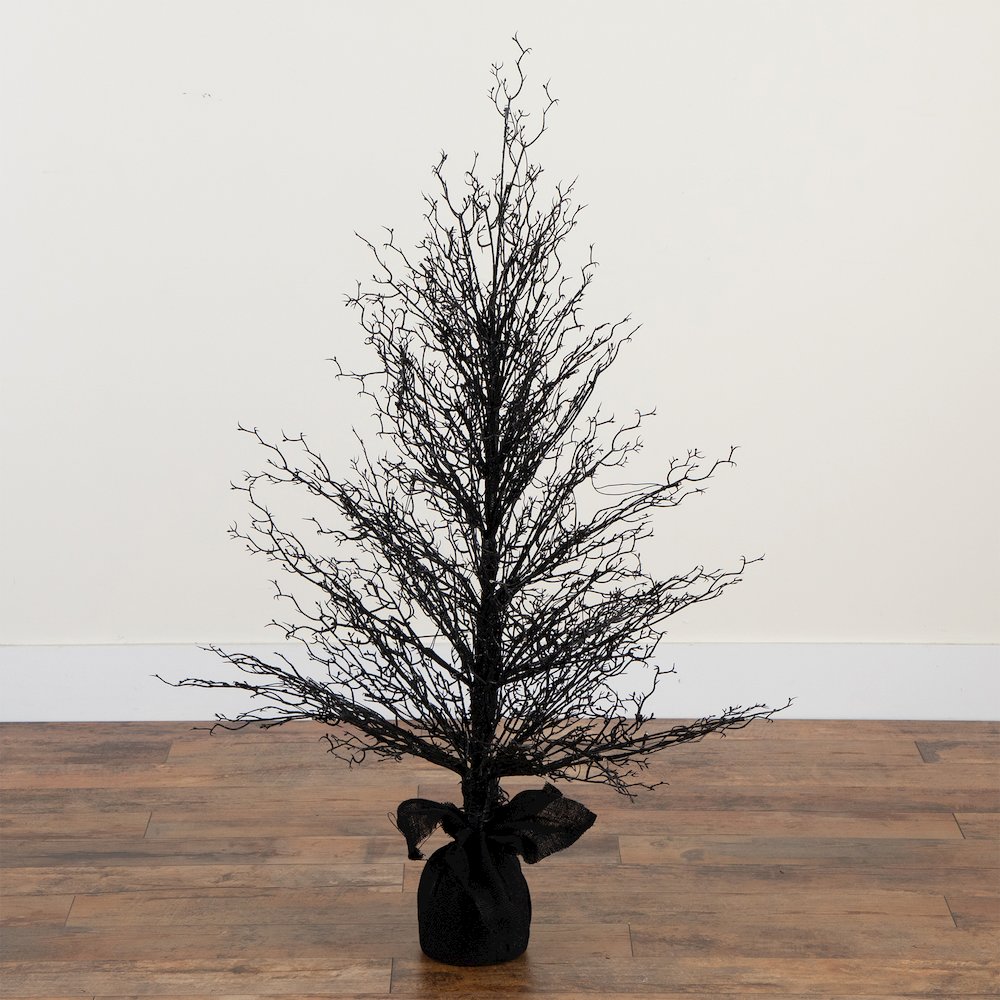 4ft. Pre-Lit Halloween Black Twig Artificial Fall Tree in Burlap Planter. Picture 4