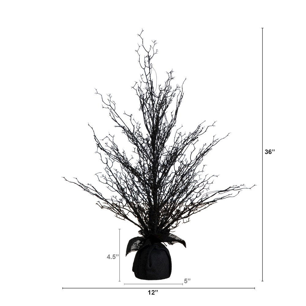 3ft. Pre-Lit Halloween Black Twig Artificial Fall Tree in Burlap Planter. Picture 1