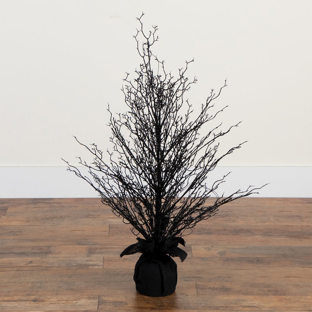 3ft. Pre-Lit Halloween Black Twig Artificial Fall Tree in Burlap Planter. Picture 6