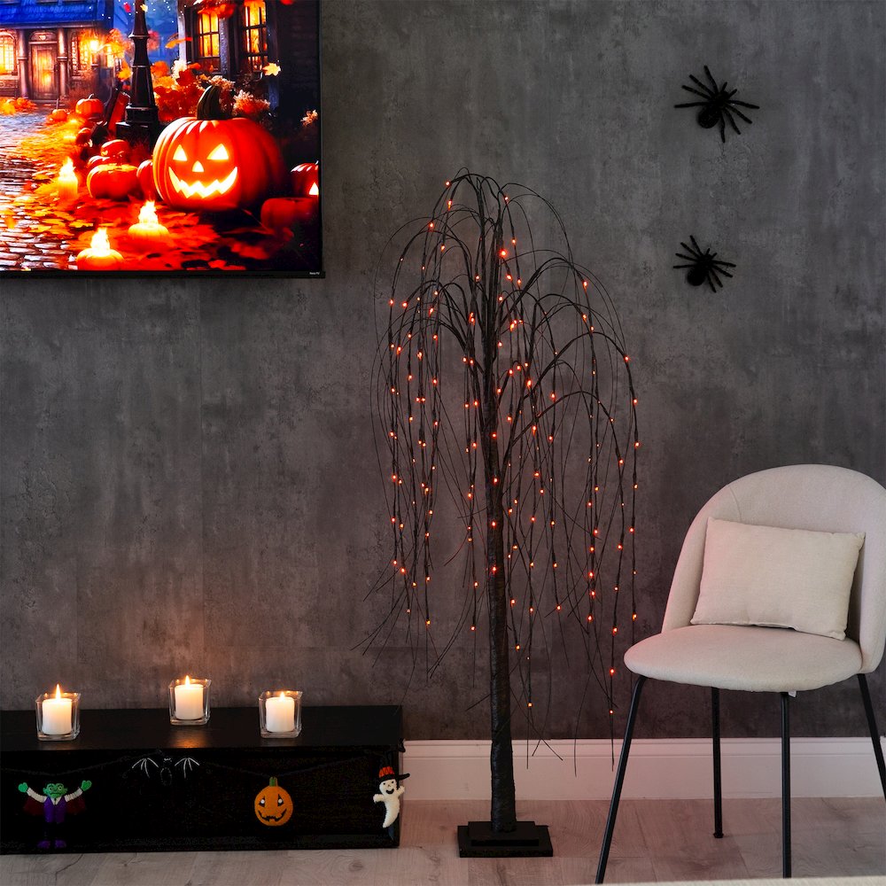 5ft. Pre-Lit Halloween Black Willow Artificial Fall Tree with 144 Orange. Picture 6