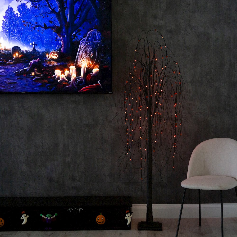 6ft. Pre-Lit Halloween Black Willow Artificial Fall Tree with 160 Orange. Picture 19