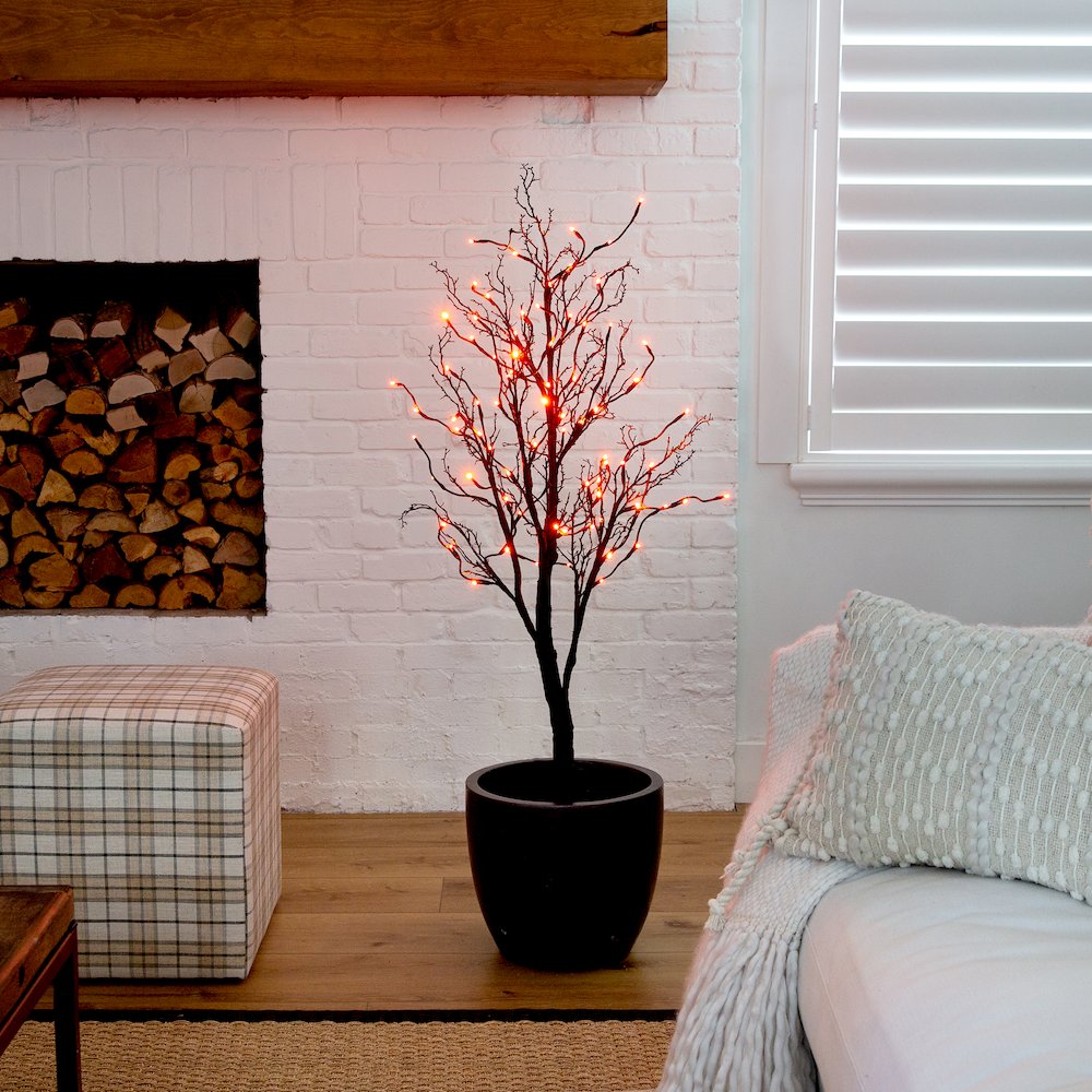 4ft. Pre-Lit Halloween Deluxe Black Twig Artificial Fall Tree with 81 Orange. Picture 14