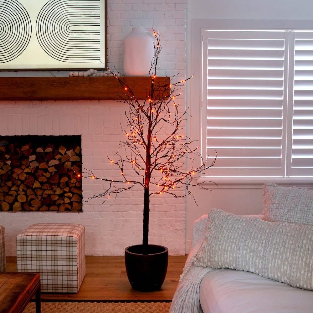 6ft. Pre-Lit Halloween Deluxe Black Twig Artificial Fall Tree with 156 Orange. Picture 14