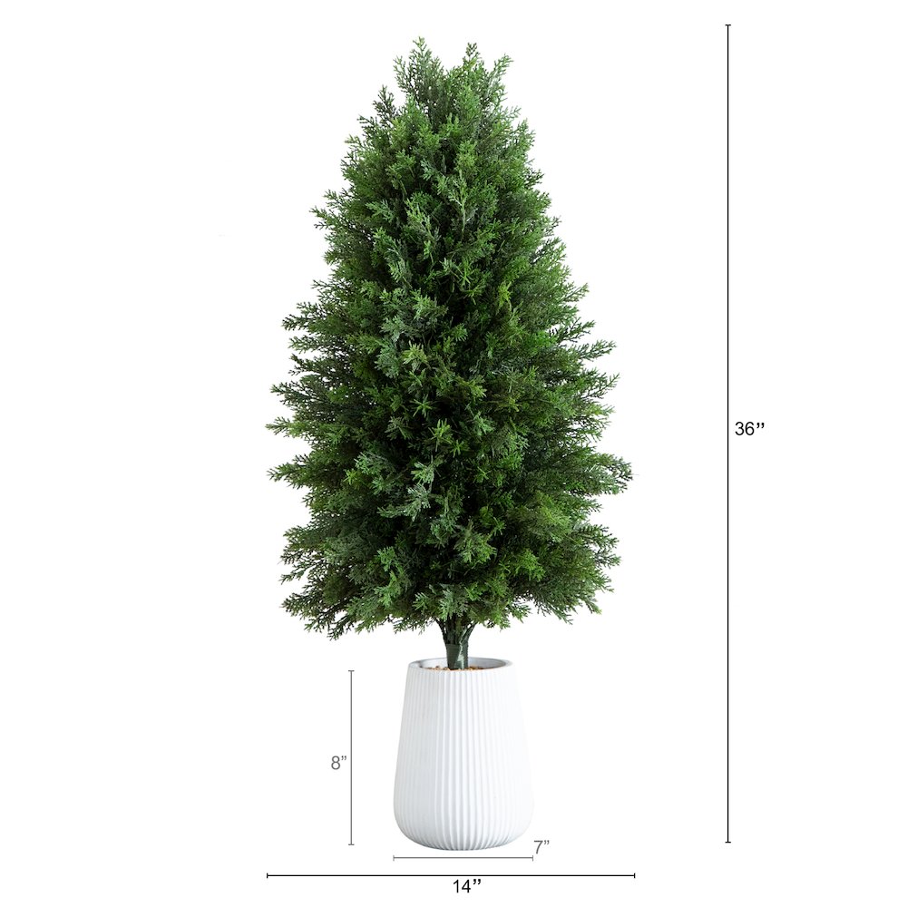 3ft. UV Resistant Artificial Cedar Tree in Decorative White Planter. Picture 1