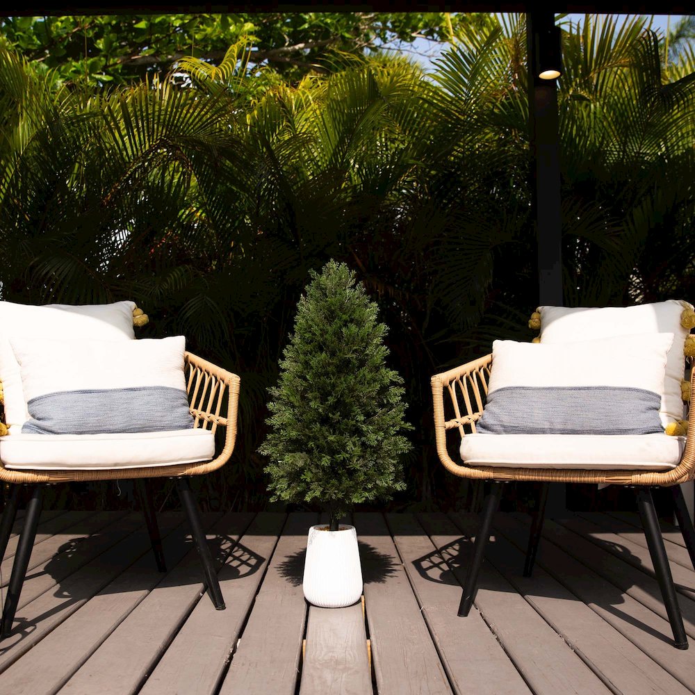 3ft. UV Resistant Artificial Cedar Tree in Decorative White Planter. Picture 5