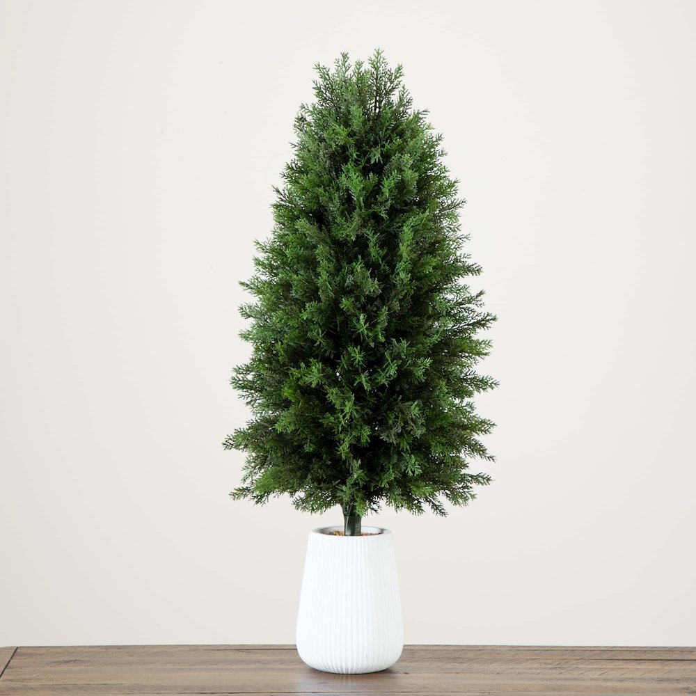 3ft. UV Resistant Artificial Cedar Tree in Decorative White Planter. Picture 6