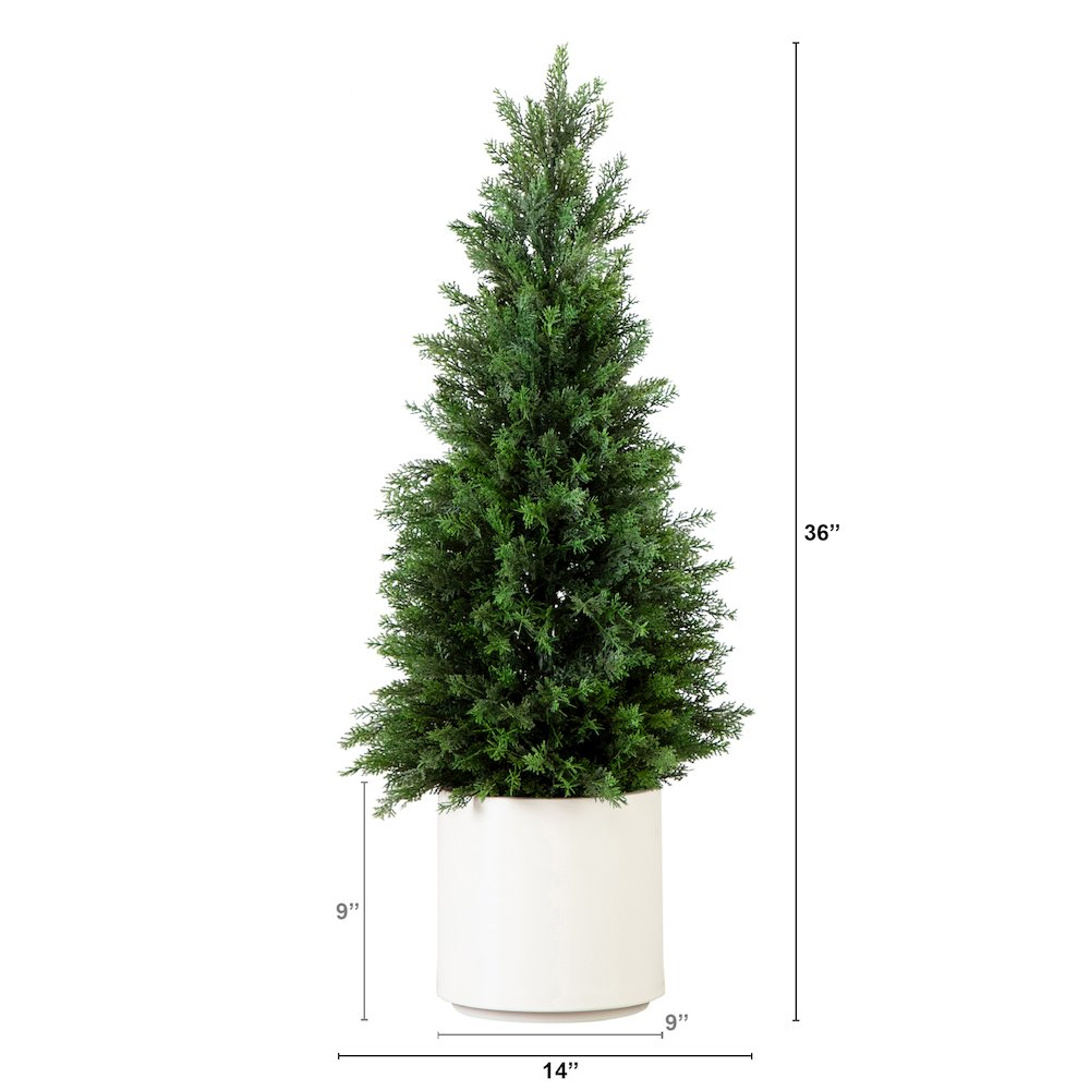 3ft. UV Resistant Artificial Cedar Tree in Decorative White Planter. Picture 5