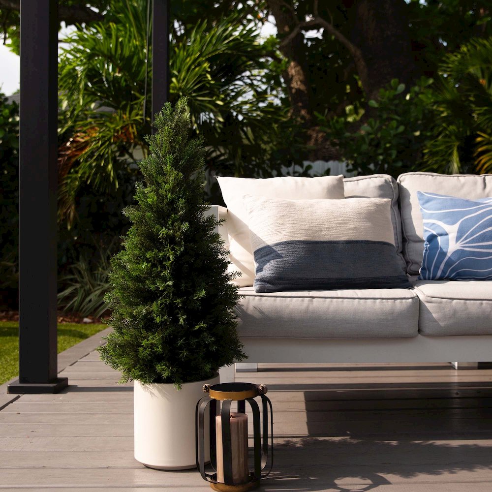 3ft. UV Resistant Artificial Cedar Tree in Decorative White Planter. Picture 11