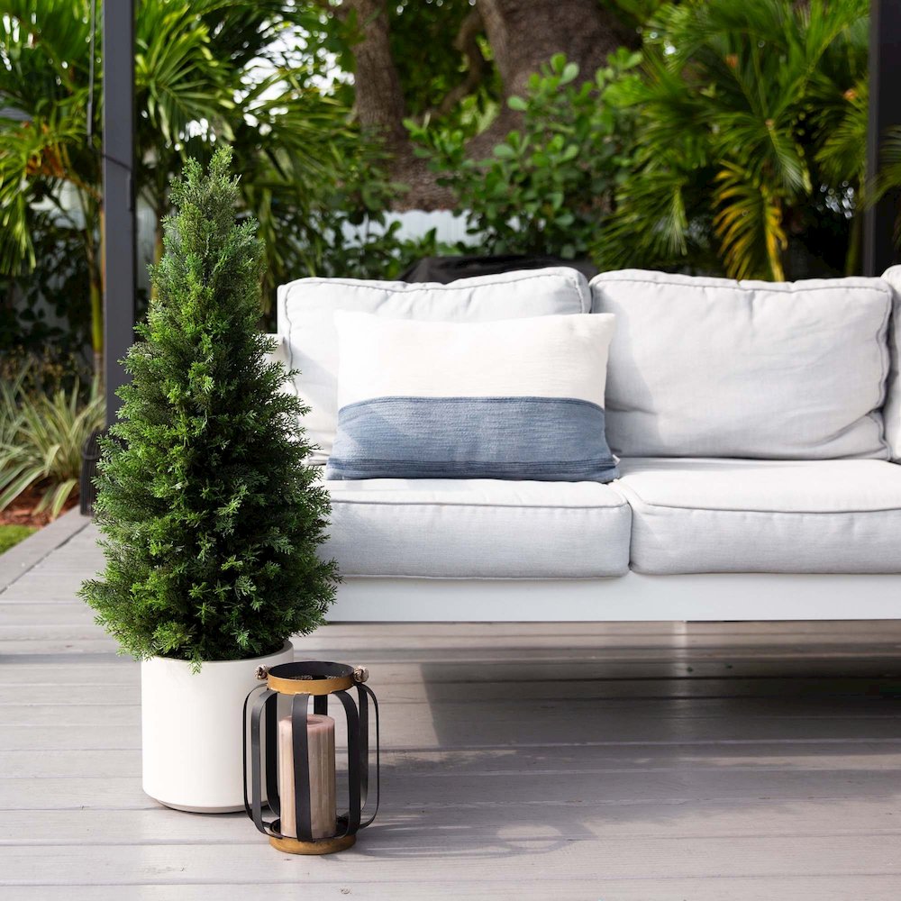 3ft. UV Resistant Artificial Cedar Tree in Decorative White Planter. Picture 9