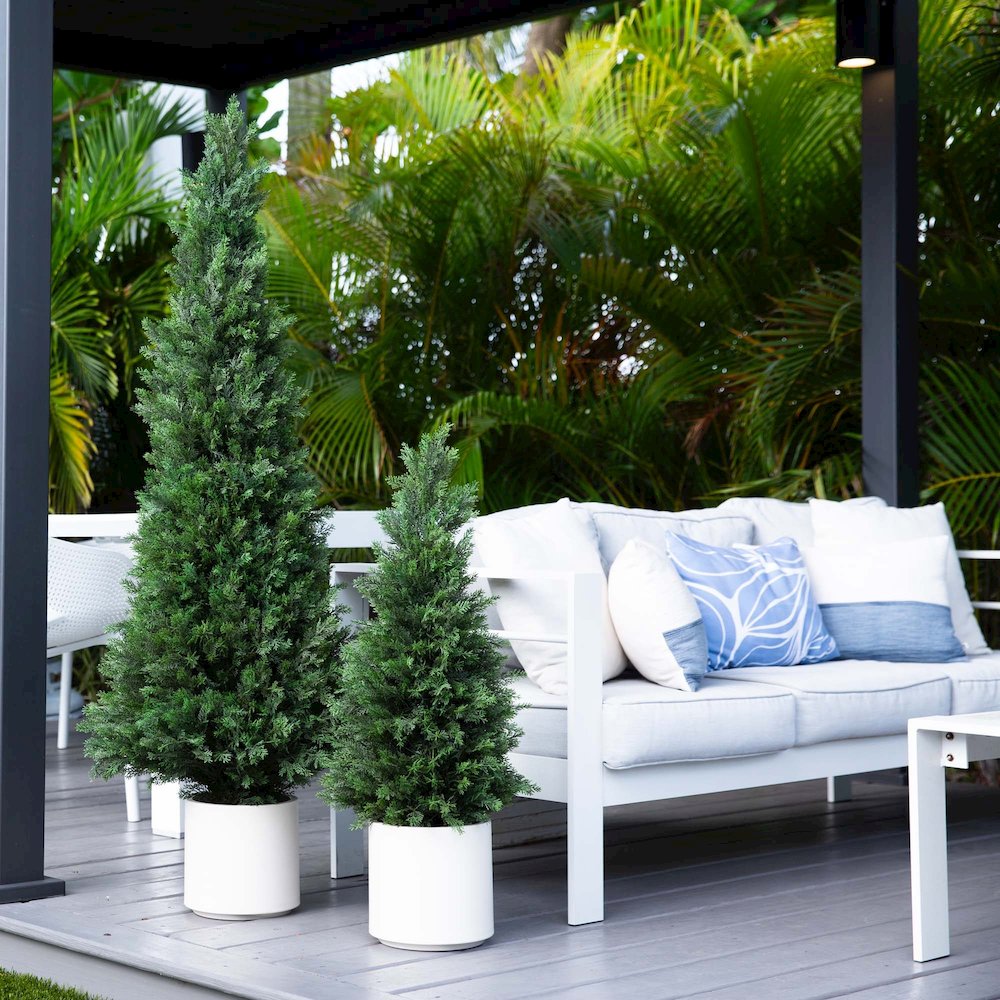 3ft. UV Resistant Artificial Cedar Tree in Decorative White Planter. Picture 3