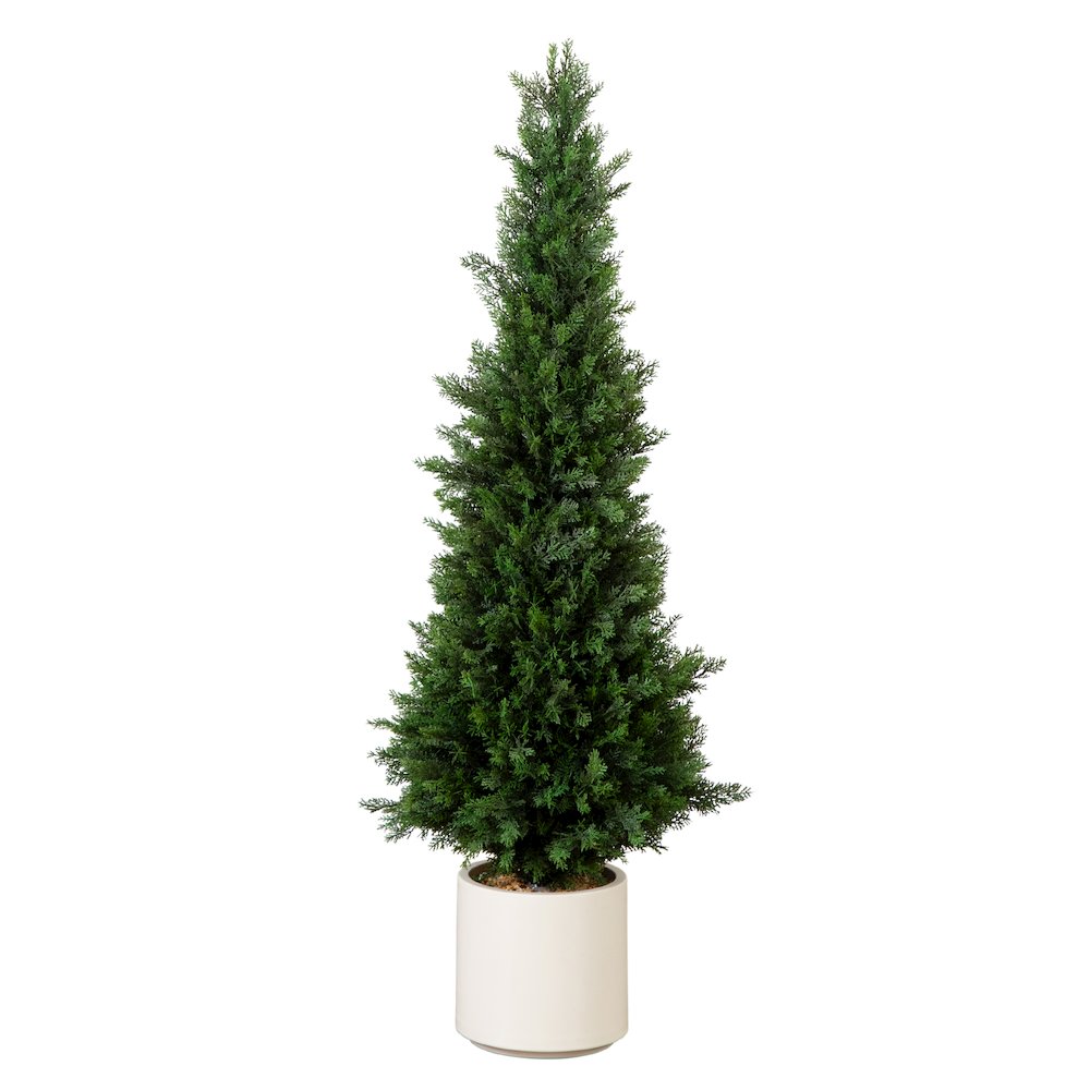 4ft. UV Resistant Artificial Cedar Tree in Decorative White Planter. Picture 5