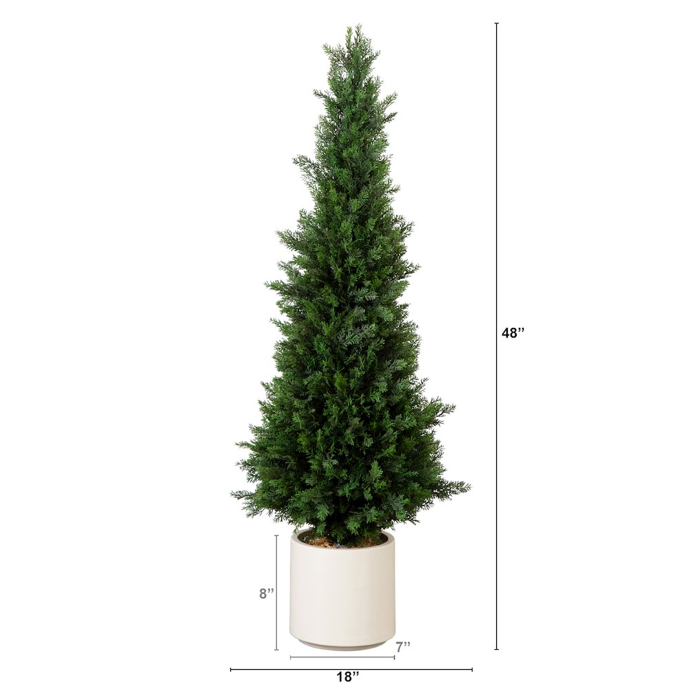 4ft. UV Resistant Artificial Cedar Tree in Decorative White Planter. Picture 1