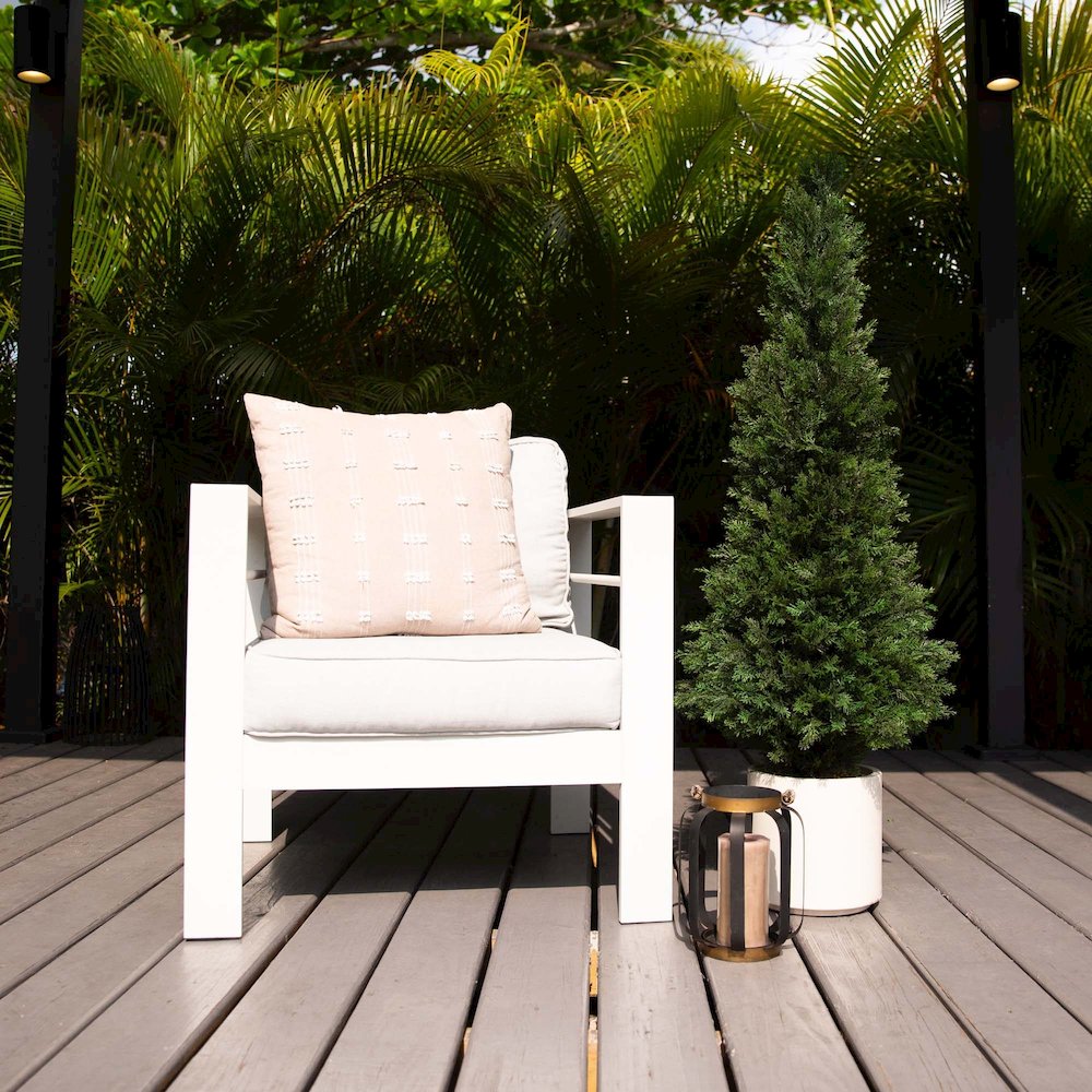 4ft. UV Resistant Artificial Cedar Tree in Decorative White Planter. Picture 10