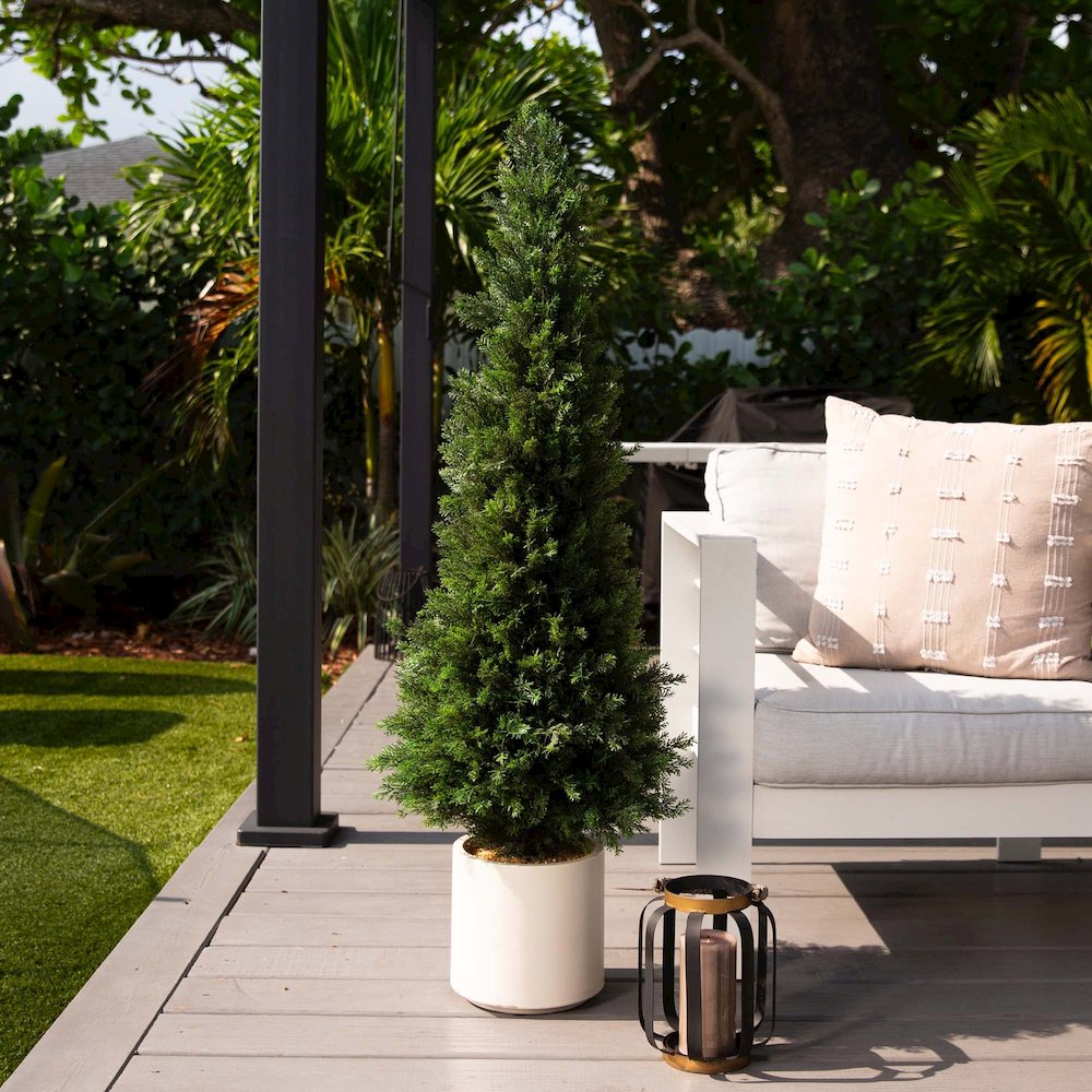4ft. UV Resistant Artificial Cedar Tree in Decorative White Planter. Picture 7