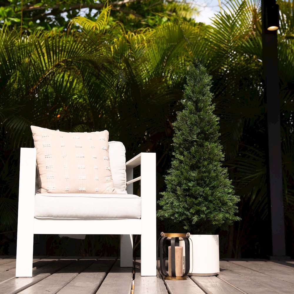 4ft. UV Resistant Artificial Cedar Tree in Decorative White Planter. Picture 8
