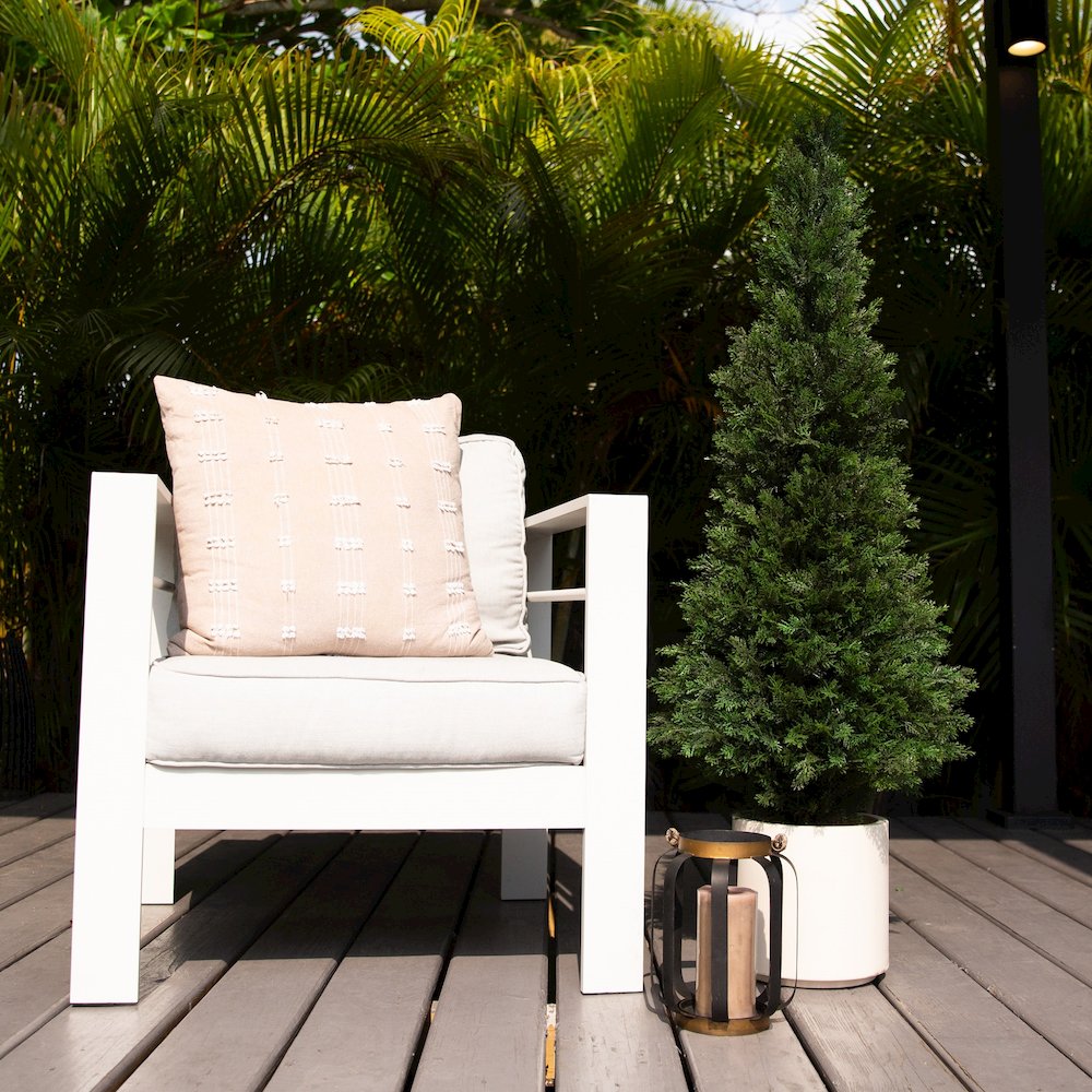 4ft. UV Resistant Artificial Cedar Tree in Decorative White Planter. Picture 9