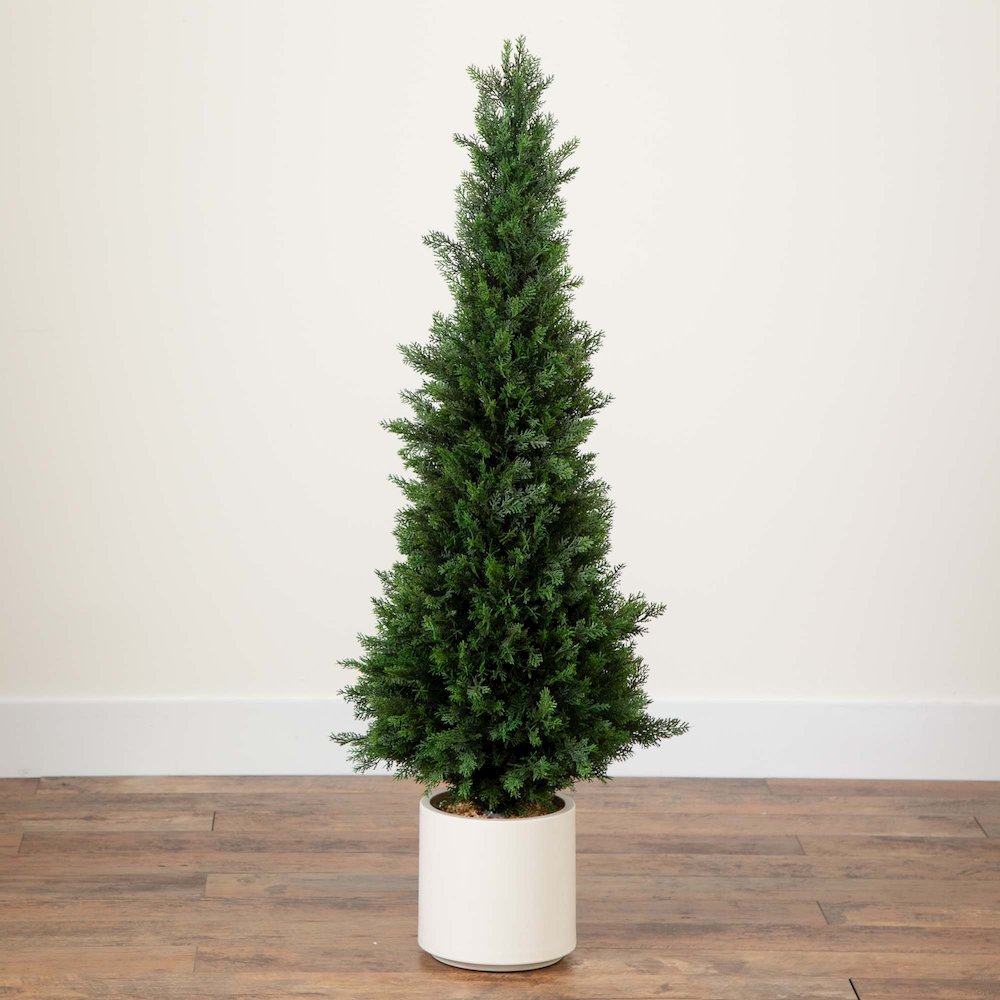 4ft. UV Resistant Artificial Cedar Tree in Decorative White Planter. Picture 4
