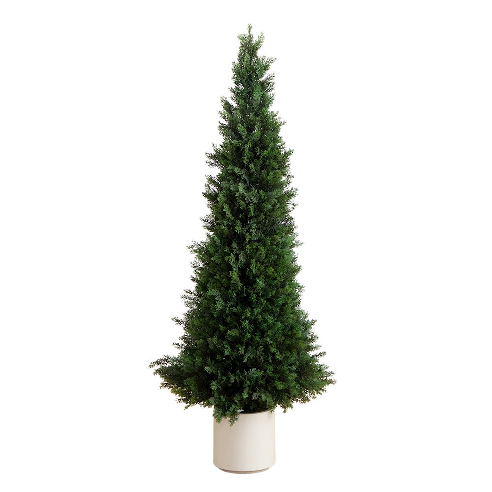 5ft. UV Resistant Artificial Cedar Tree in Decorative White Planter. Picture 1