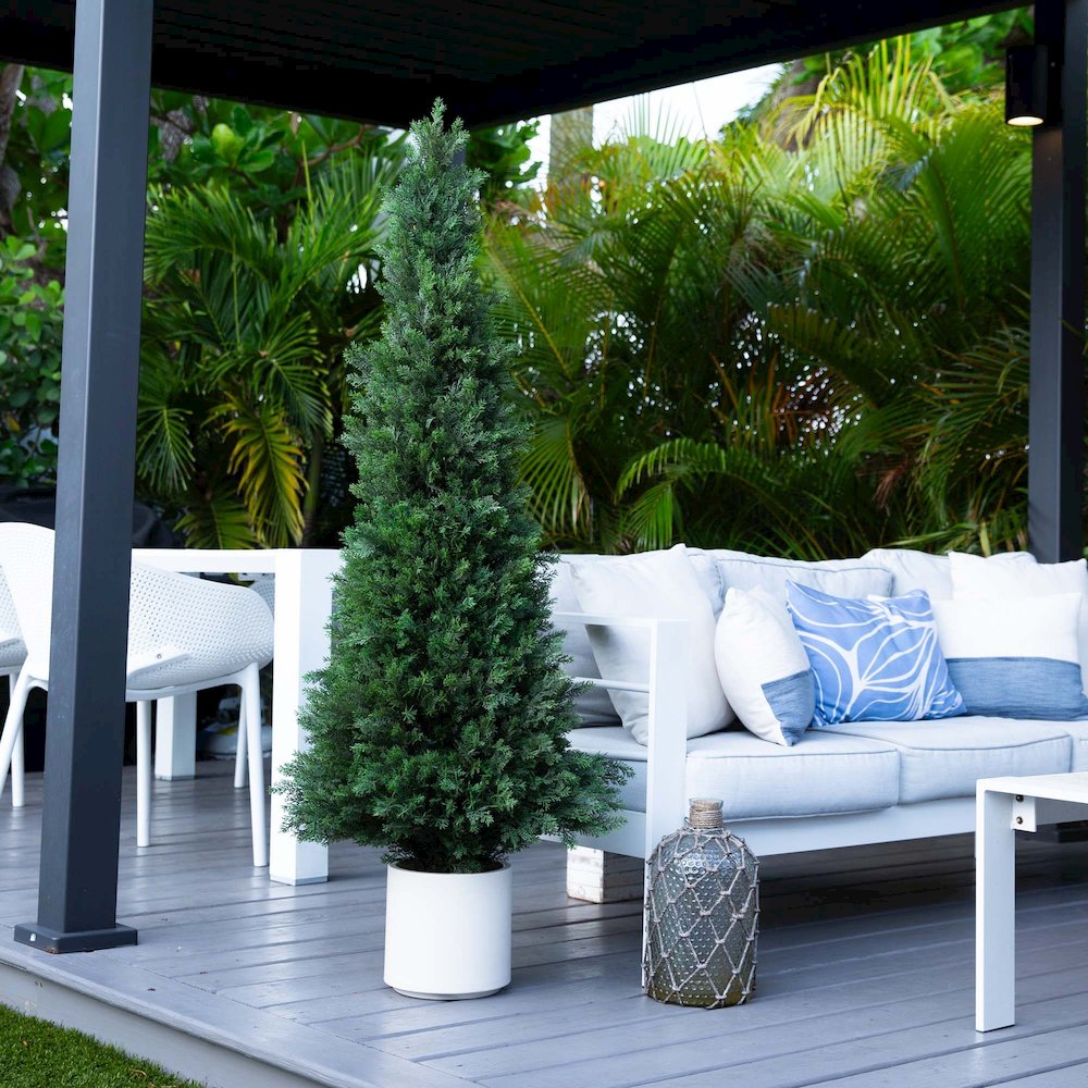 5ft. UV Resistant Artificial Cedar Tree in Decorative White Planter. Picture 6