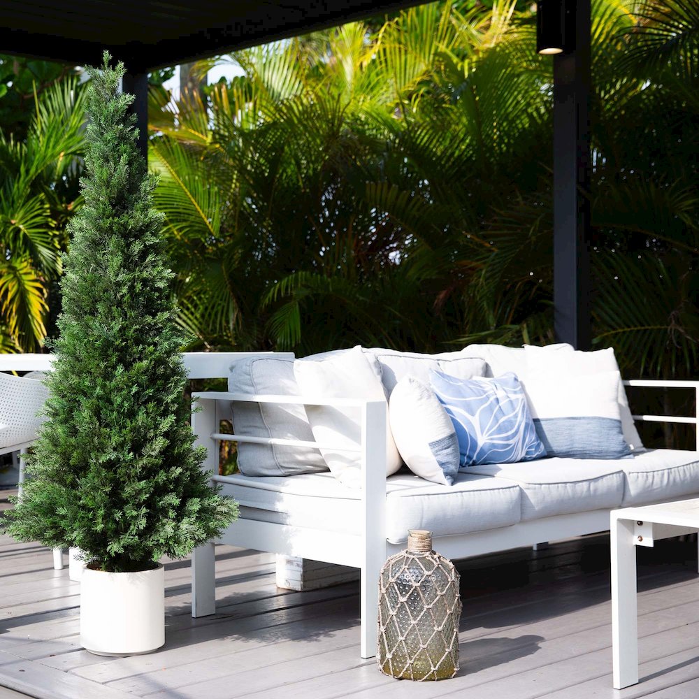 5ft. UV Resistant Artificial Cedar Tree in Decorative White Planter. Picture 4