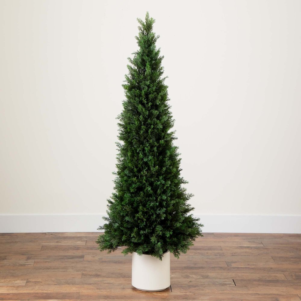 5ft. UV Resistant Artificial Cedar Tree in Decorative White Planter. Picture 5