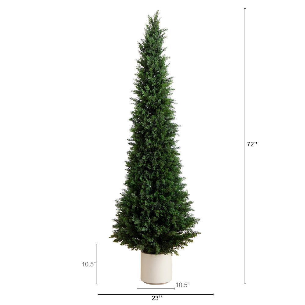 6ft. UV Resistant Artificial Cedar Tree in Decorative White Planter. Picture 1