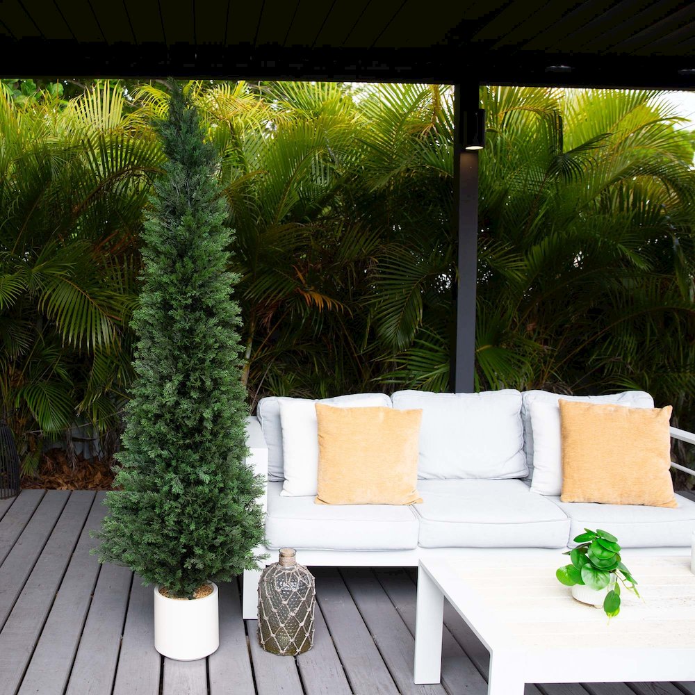 6ft. UV Resistant Artificial Cedar Tree in Decorative White Planter. Picture 7