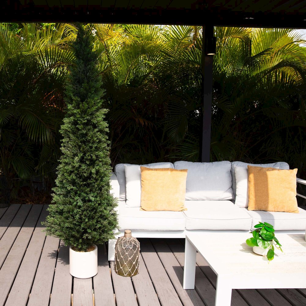 6ft. UV Resistant Artificial Cedar Tree in Decorative White Planter. Picture 4
