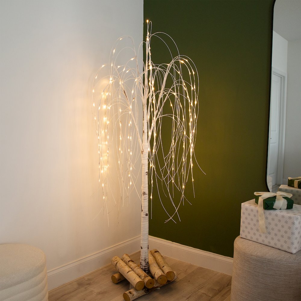 6ft. Pre-Lit Artificial White Weeping Willow Tree with 160 Warm White LED Lights. Picture 13