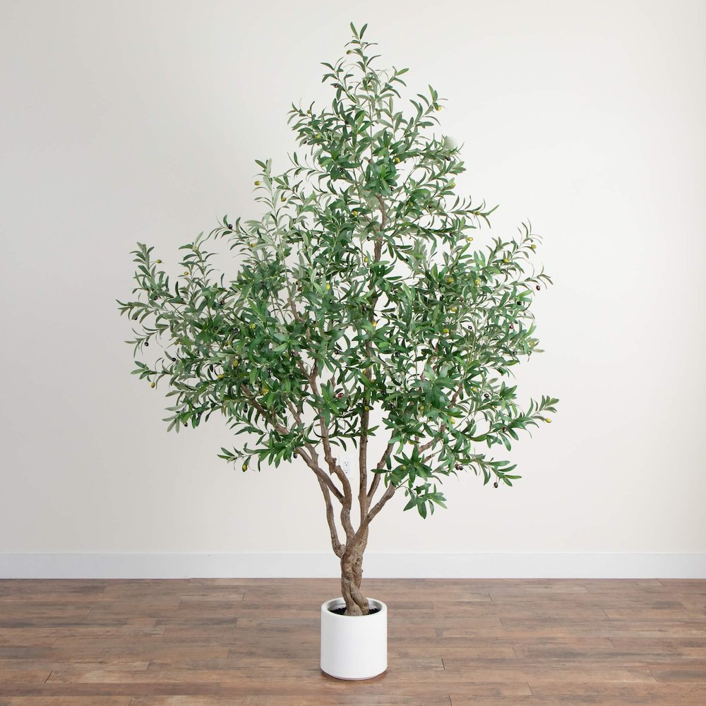 8ft. Artificial Grand Olive Tree in White Decorative Planter. Picture 7