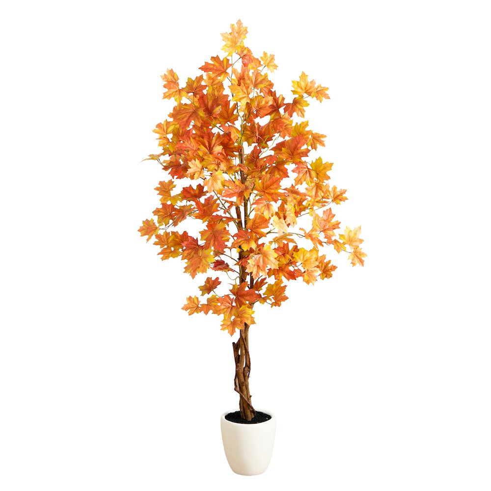 5ft. Artificial Fall Double Trunk Maple Autumn Tree in Decorative White Planter. Picture 1