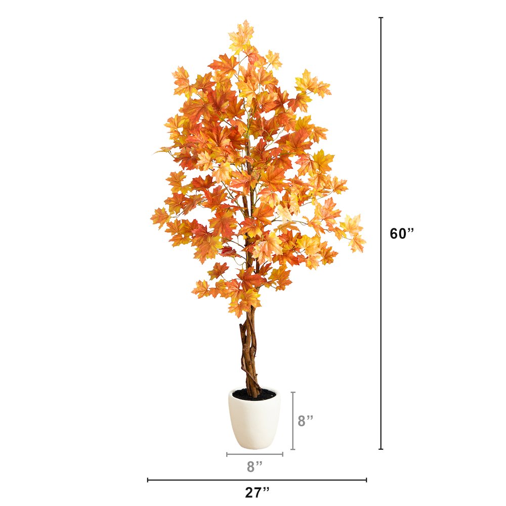 5ft. Artificial Fall Double Trunk Maple Autumn Tree in Decorative White Planter. Picture 2