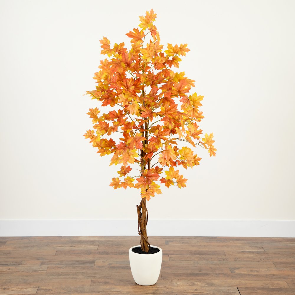 5ft. Artificial Fall Double Trunk Maple Autumn Tree in Decorative White Planter. Picture 5
