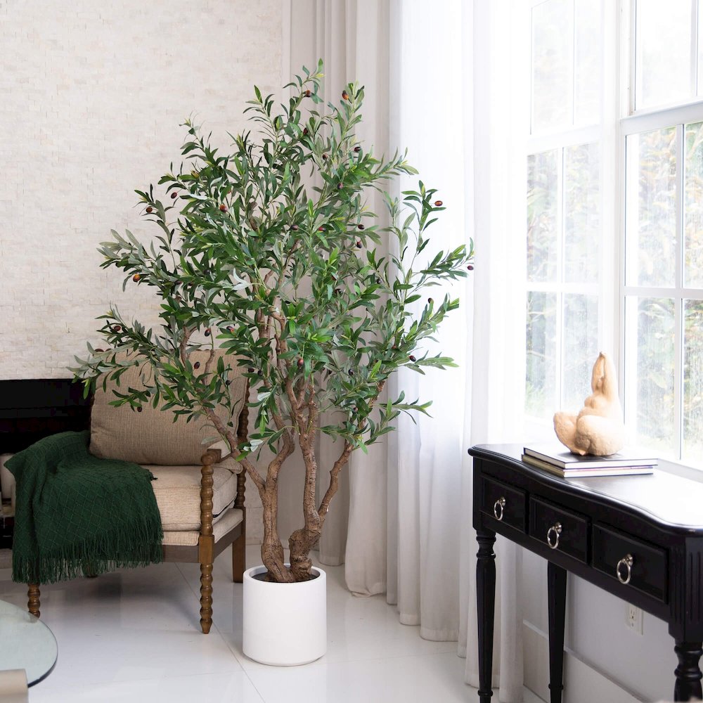 6ft. Artificial Grand Olive Tree in White Decorative Planter. Picture 8