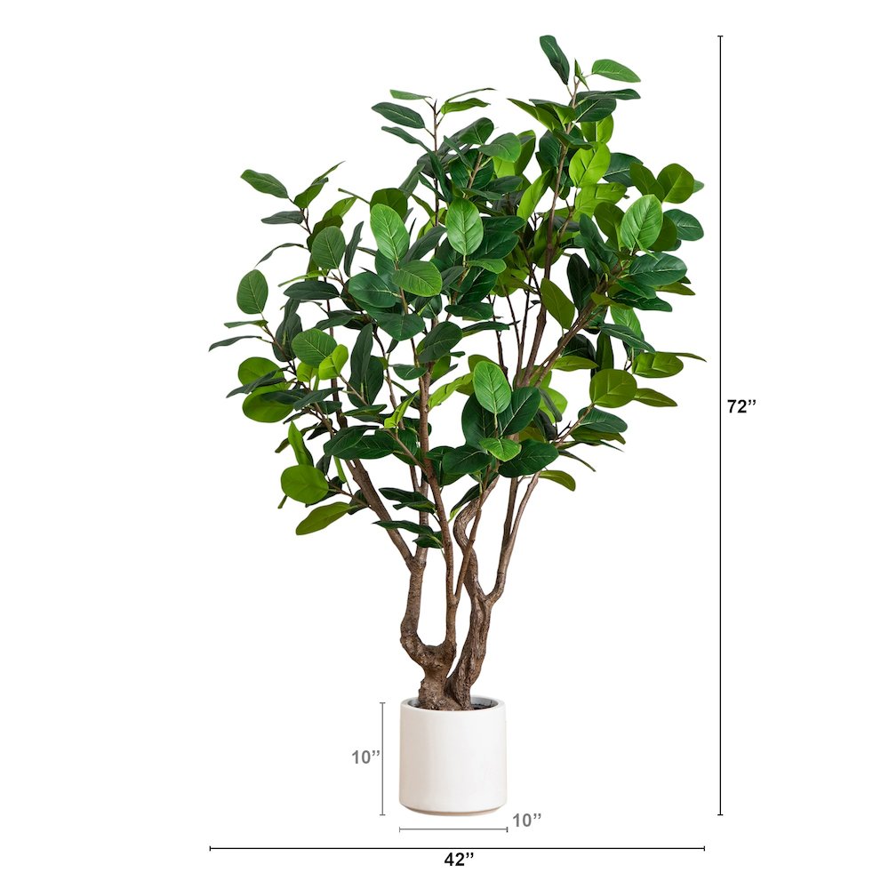 6ft. Artificial Audrey Ficus Leaf Tree in White Decorative Planter. Picture 1