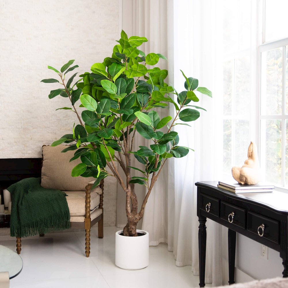 6ft. Artificial Audrey Ficus Leaf Tree in White Decorative Planter. Picture 8