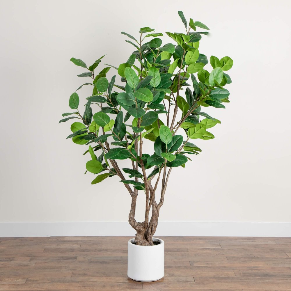 6ft. Artificial Audrey Ficus Leaf Tree in White Decorative Planter. Picture 7