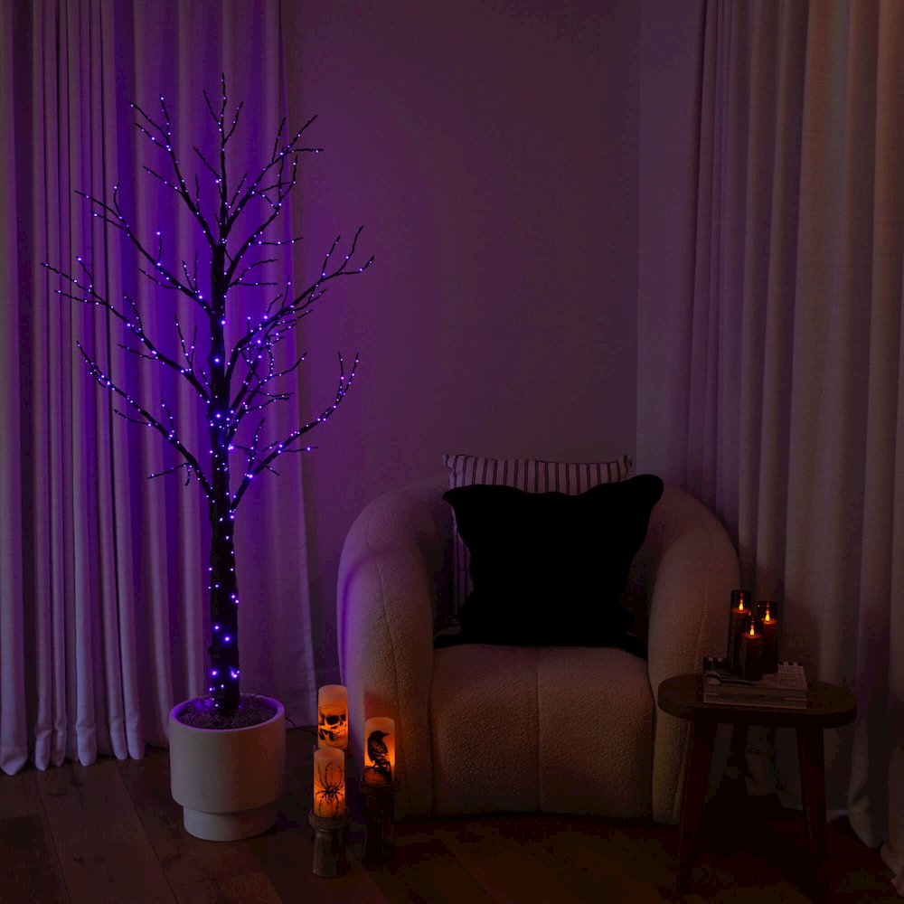 6ft. Pre-Lit Artificial Halloween Twig Tree with 480 Orange & Purple LED Lights. Picture 9