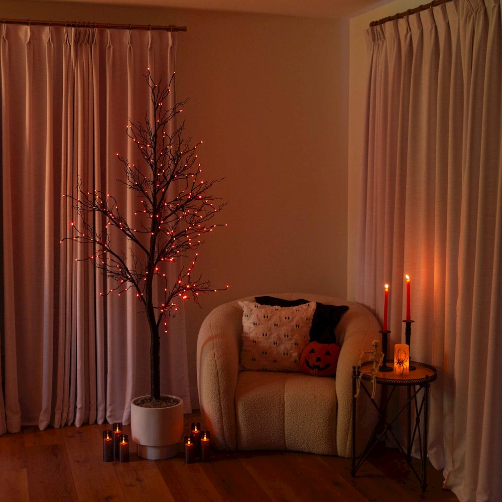 7ft. Pre-Lit Halloween Deluxe Black Twig Artificial Tree with 180 LED Lights. Picture 8