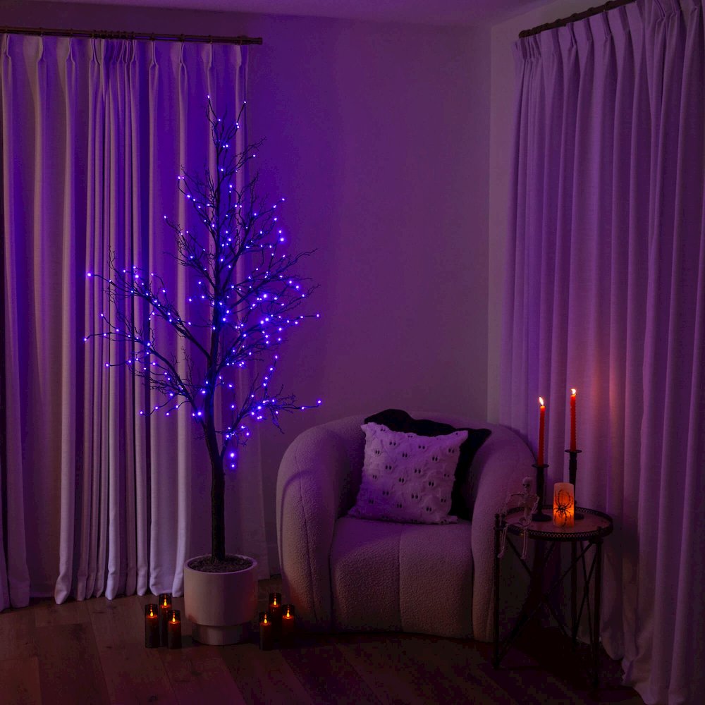 7ft. Pre-Lit Halloween Deluxe Black Twig Artificial Tree with 180 LED Lights. Picture 5